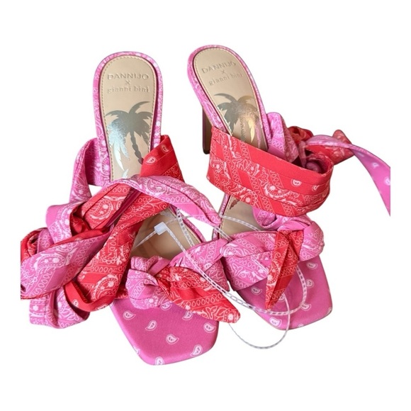 DANNIJO X GB Ankle Wrap Pink Bandana Colorblock Bow Sandals 8 Tropical Vacay - Picture 3 of 15